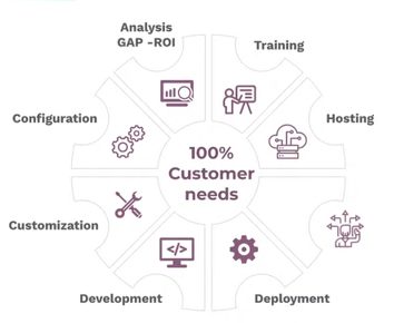 Rueda de las siete etapas del paquete de éxito alrededor de las necesidades del cliente: análisis GAP-ROI, capacitación, hosting, despliegue, desarrollo, personalización y configuración
