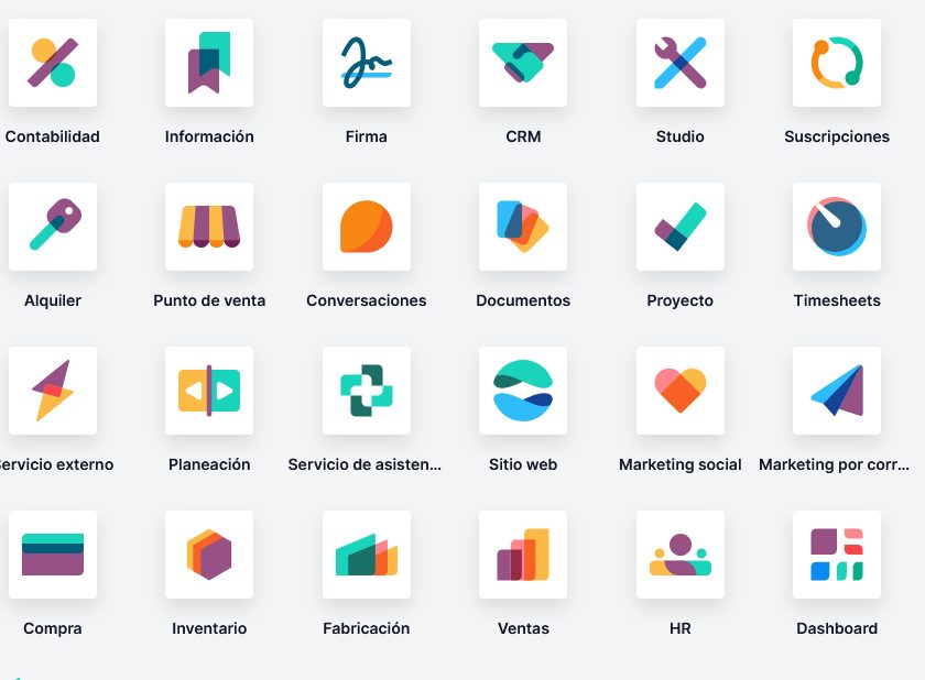Íconos de las aplicaciones de Odoo: contabilidad, inventario, firma, CRM, suscripciones, punto de venta, proyectos, sitio web, compras, fabricación, ventas y recursos humanos